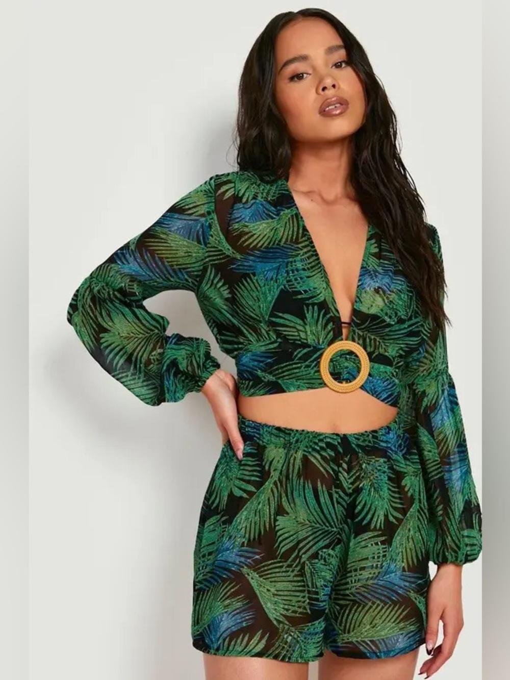 Boohoo Green & Blue Tropical Palm-Print Shorts